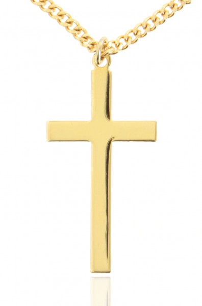 Men's High Polish Classic Plain 16k Gold Plated Cross Necklace - 24&quot; 2.4mm Endless Gold Plated Chain