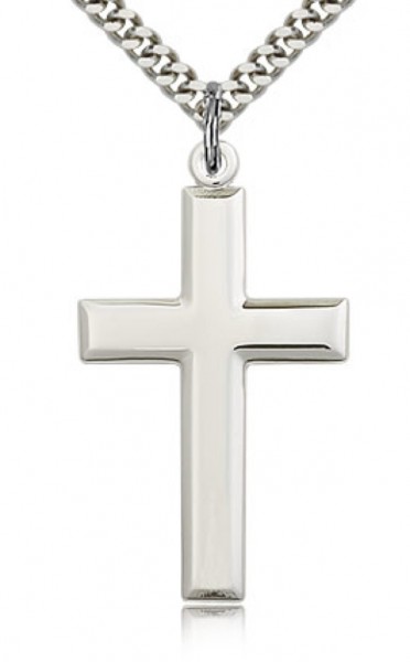 Men's High Polish Sterling Silver Cross Pendant - 24&quot; 2.4mm Rhodium Plate Chain + Clasp