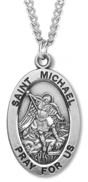 Men's Sterling Silver Oval St. Michael Necklace with Chain Options - 24&quot; 3mm Stainless Steel Endless Chain
