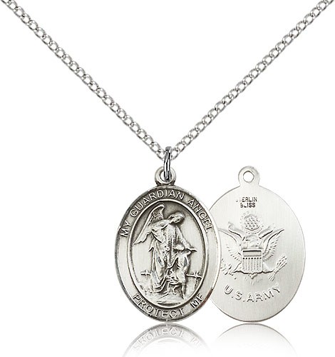 Guardian Angel Army Medal, Sterling Silver, Medium - 18&quot; 1.2mm Sterling Silver Chain + Clasp