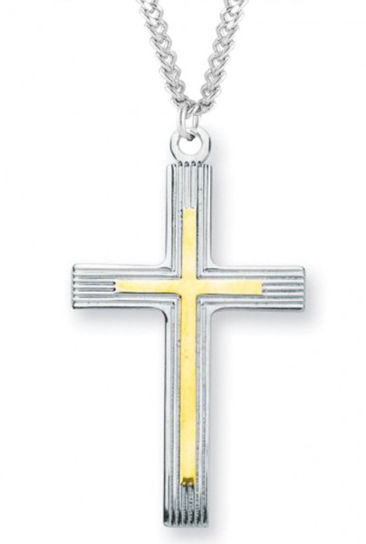 Men's Sterling Silver Two Tone Cross Necklace with Etched Borders with Chain Options - 24&quot; 3mm Stainless Steel Endless Chain