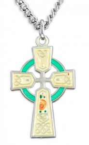Women's Sterling Silver Celtic Cross Necklace Green Red Enamel Floral Accents with Chain Options [HMR0802]