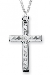 Men's Sterling Silver Cross Necklace with Cubed Etching with Chain Options [HMR1011]
