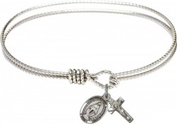 First Communion Silver Cable Bangle Bracelet with a Miraculous Medal and Crucifix Charm [BCB1005]