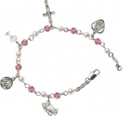 First Communion Silver Plated Charm Bracelet with Pink Swarovski Crystals and Faux Pearl Beads [BCB1003]
