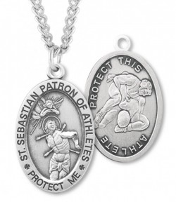 Oval Men's St. Sebastian Wrestling Necklace With Chain [HMS1035]