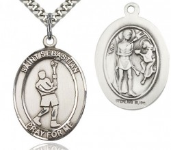 St. Sebastian Lacrosse Medal, Sterling Silver, Large [BL3489]