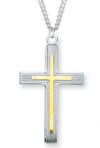 Men's Sterling Silver Two Tone Cross Necklace with Etched Borders with Chain Options [HMR0978]