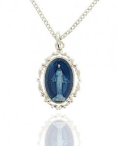 Women's Sterling Silver Oval Dark Blue Enamel Miraculous Medal with Baroque Border [MVS1002]