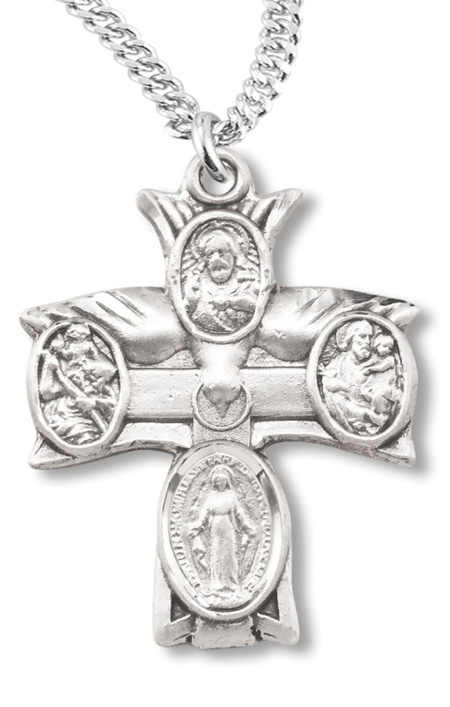 Women or Boy's Sterling Silver Descending Dove Cross Top 4 Way Necklace with Chain Options - 20" 2.2mm Stainless Steel Chain with Clasp