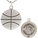 Basketball Shaped Necklace with Saint Christopher Back in Sterling Silver