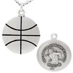 Basketball Shaped Necklace with Saint Sebastian Back in Sterling Silver - 24" Sterling Silver Chain + Clasp