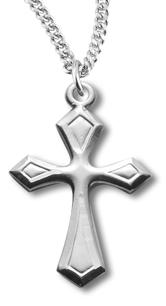 Women's Sterling Silver Beveled Edge Cross Necklace with Chain Options - 18" 1.8mm Sterling Silver Chain + Clasp