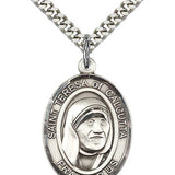 St. Teresa of Calcutta Medal, Sterling Silver, Large - 24" 2.4mm Rhodium Plate Chain + Clasp