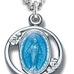 Women's Sterling Silver Blue Enamel Miraculous Cut Out Necklace Round with Chain Options - 18" 1.8mm Sterling Silver Chain + Clasp