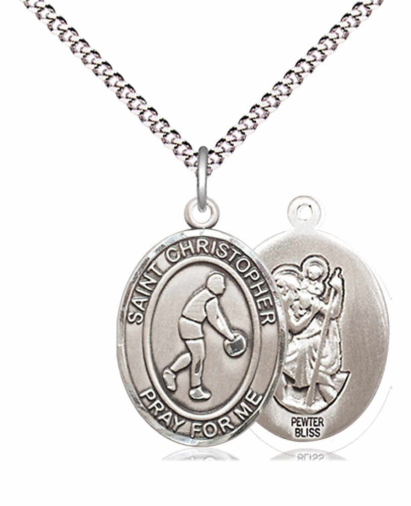 Boy's Pewter Oval St. Christopher Basketball Medal - 18" Rhodium Plated Medium Chain + Clasp