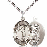 Boy's Pewter Oval St. Christopher Golf Medal - 18" Rhodium Plated Medium Chain + Clasp