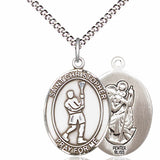 Boy's Pewter Oval St. Christopher Lacrosse Medal - 18" Rhodium Plated Medium Chain + Clasp