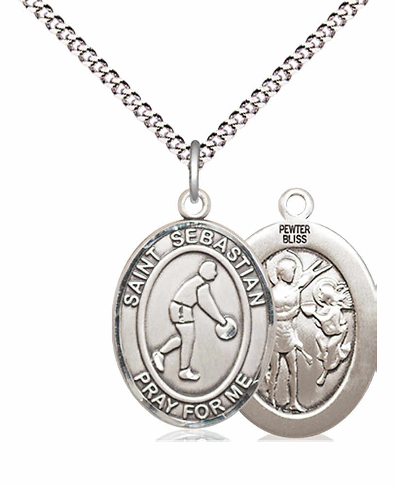 Boy's Pewter Oval St. Sebastian Basketball Medal - 18" Rhodium Plated Medium Chain + Clasp
