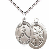 Boy's Pewter Oval St. Sebastian Ice Hockey Medal - 18" Rhodium Plated Medium Chain + Clasp