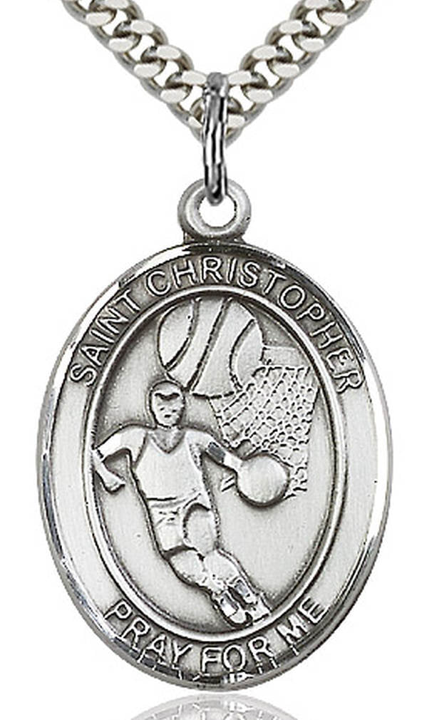 Boy's Sterling Silver Saint Christopher Basketball Oval Medal - 18" 2.1mm Rhodium Plate Chain + Clasp