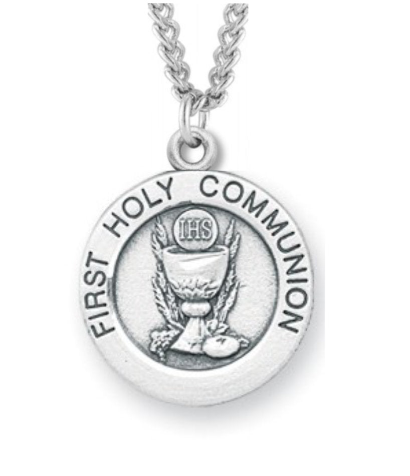 Women's Sterling Silver Round First Communion Necklace with Chain Options - 18" 1.8mm Sterling Silver Chain + Clasp