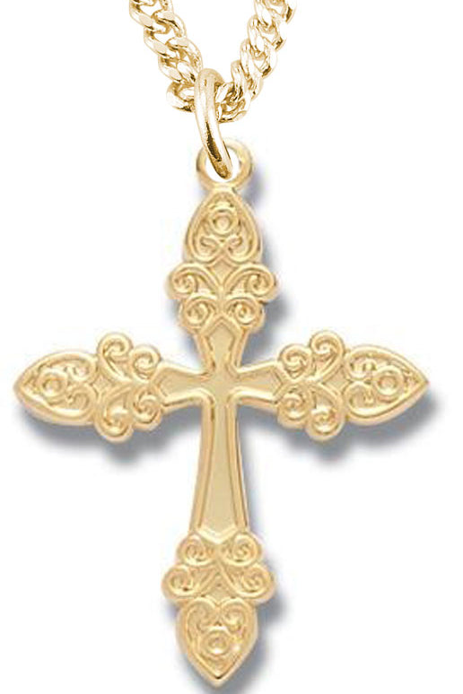 Women's 14kt Gold Plated Raised Border Heart Shaped Tip Cross + 18 Inch Gold Plated Chain & Clasp - Gold-tone