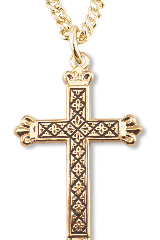 Women's 14kt Gold Plated Blackened Diamond Accent Etched Cross + 18 Inch Gold Plated Chain - Gold-tone