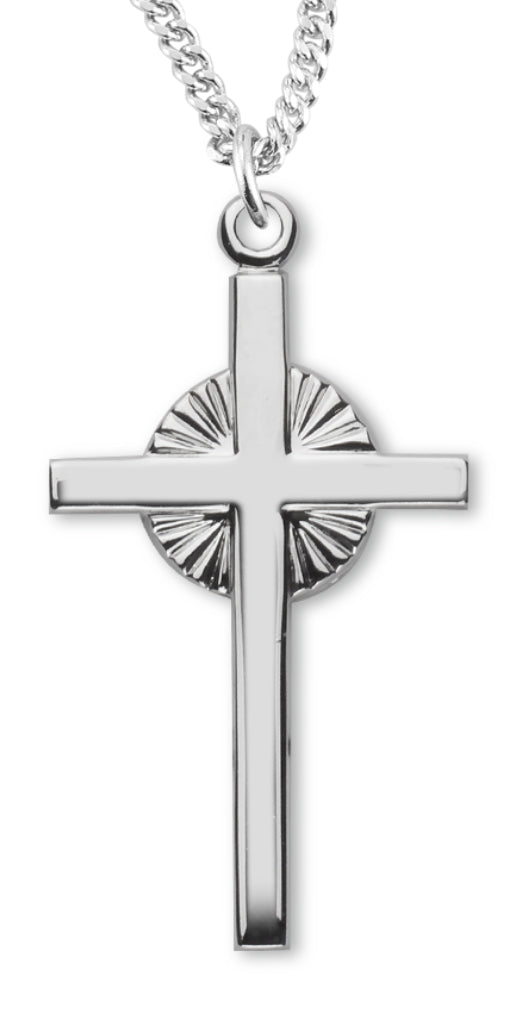 Women's Sterling Silver Cross Necklace with Circular Etched Center with Chain Options - 18" 1.8mm Sterling Silver Chain + Clasp