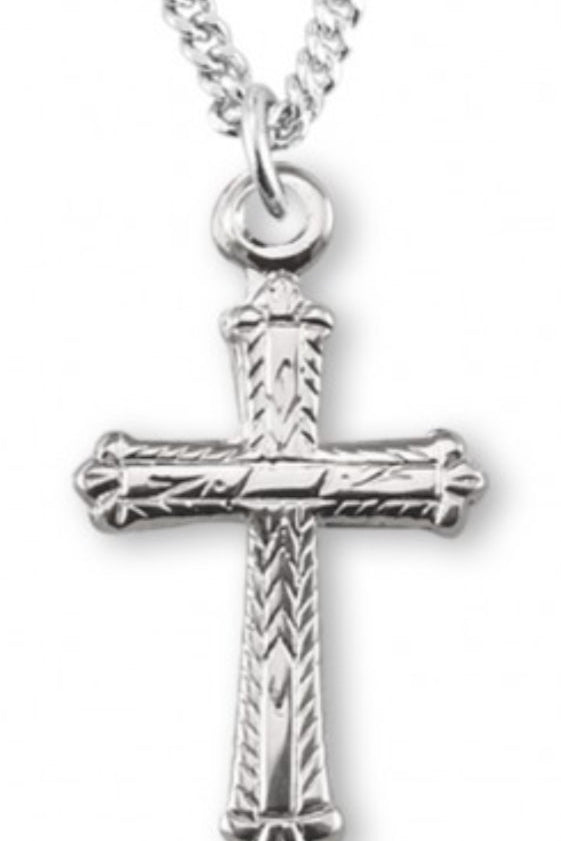 Youth Sterling Silver Unique Etched Pattern Cross Necklace with Chain - Sterling Silver
