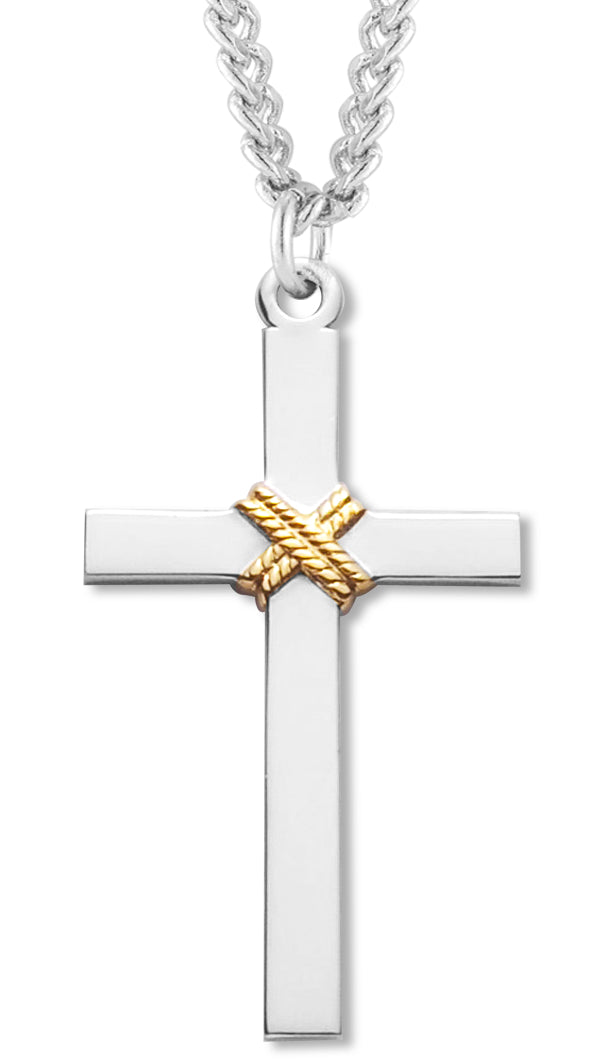 Men's Sterling Silver Cross Necklace with Gold Rope Center with Chain Options - 24" 2.4mm Rhodium Plate Chain + Clasp