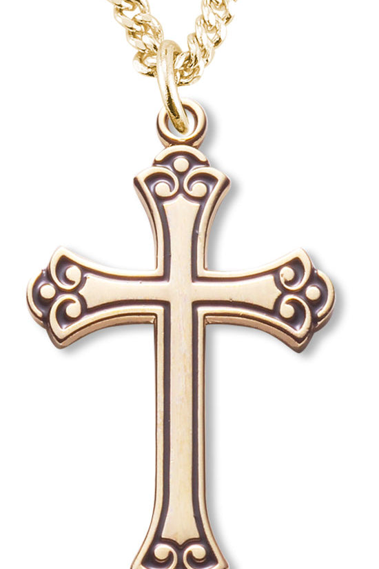 Women's 14kt Gold Plated Fleur De Lis Tip Cross Black Enamel + 18 Inch Gold Plated Chain & Clasp - Gold-tone