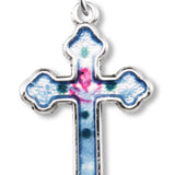 Women's Sterling Silver Blue Enamel Cross Necklace with Floral Design with Chain Options - 18" 1.8mm Sterling Silver Chain + Clasp