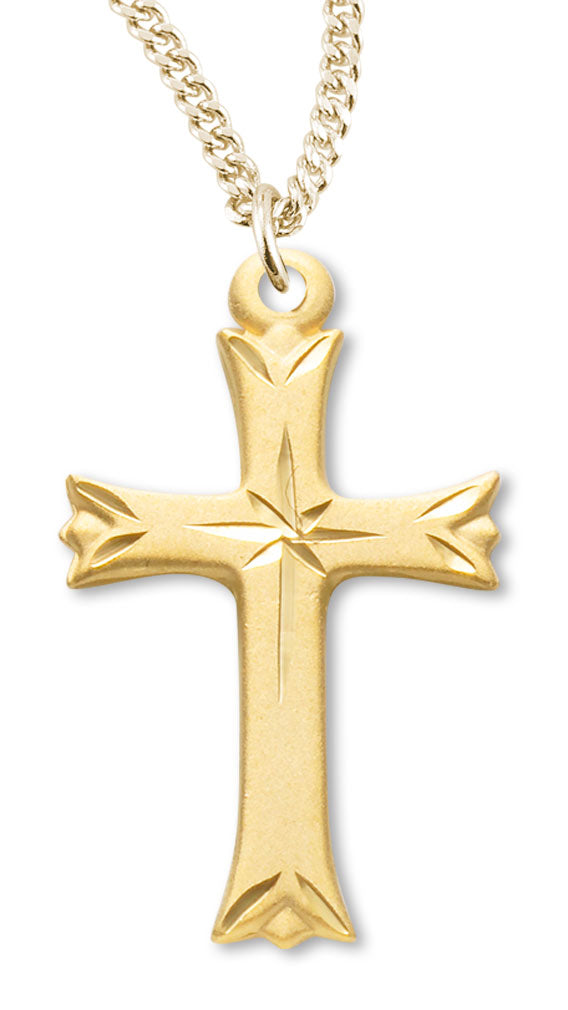 Women's 14kt Gold Over Sterling Silver Star Etched Center Cross Necklace + 18 Inch Gold Plated Chain & Clasp - Gold-tone