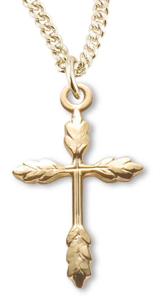 Women's 14kt Gold Over Sterling Silver Cross Necklace Wheat Sheaf Tips + 18 Inch Gold Plated Chain & Clasp - Gold-tone
