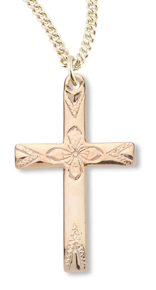 Women's 16kt Gold Over Sterling Silver High Polish Floral Cross Necklace + 18 Inch Gold Plated Chain & Clasp - Gold-tone
