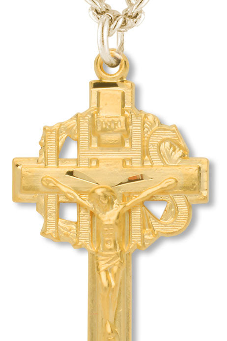 Men's 14kt Gold Over Sterling Silver Crucifix with IHS Center + 24 Inch Gold Plated Endless Chain - Gold-tone