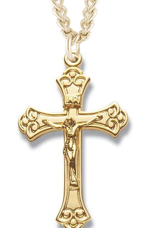 Women's 14kt Gold Over Sterling Silver Scroll Tip Crucifix + 18 Inch Gold Plated Chain & Clasp - Gold-tone