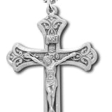 Women's or Boy's Sterling Silver Ornate Tip Matte Finish Crucifix Necklace with Chain - 20" 2.2mm Stainless Steel Chain with Clasp