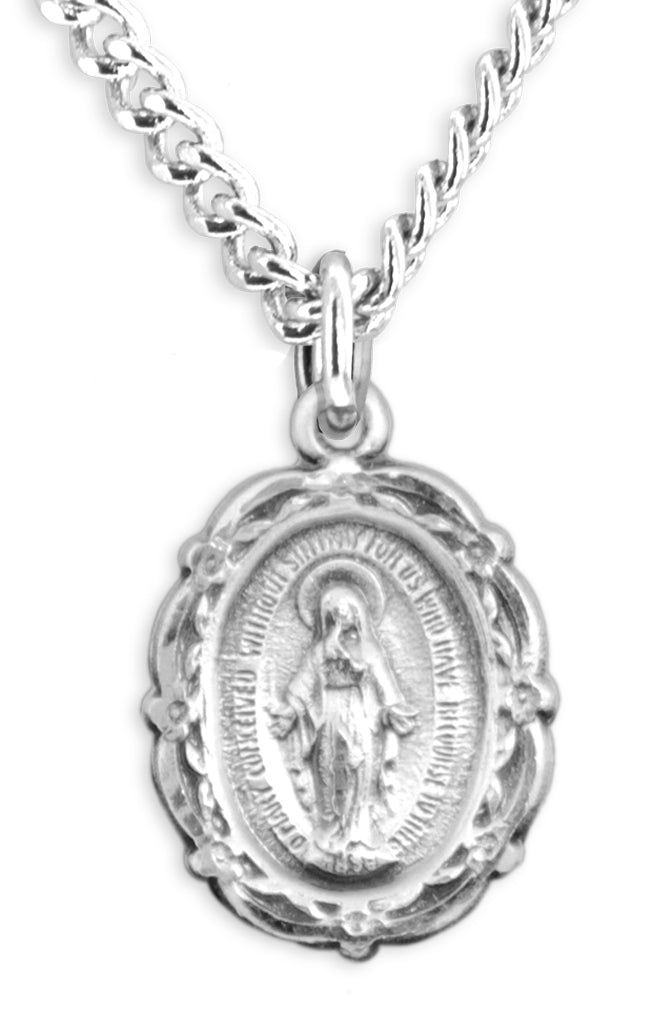 Women's Florette Border Miraculous Necklace with Fancy Edge, Sterling Silver with Chain Options - 18" 1.8mm Sterling Silver Chain + Clasp