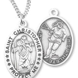 Girl's Oval Double-Sided Lacrosse Necklace with Saint Christopher in Sterling Silver