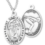 Girl's Oval Double-Sided Swimming Necklace with Saint Christopher in Sterling Silver - 18" 1.8mm Sterling Silver Chain + Clasp