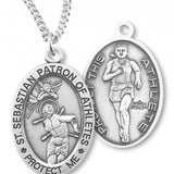 Girl's Oval Double-Sided Track Necklace with Saint Sebastian Back in Sterling Silver - 18" 1.8mm Sterling Silver Chain + Clasp