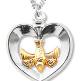 Women's Sterling Silver Two Tone Heart Necklace with Holy Spirit Center with Chain Options - 18" 1.8mm Sterling Silver Chain + Clasp