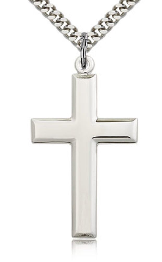 Men's Luxury High Polish All Sterling Silver Cross Pendant - 24" 2.2mm Sterling Silver Chain + Clasp
