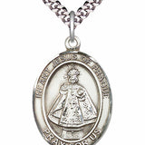 Men's Pewter Oval Infant of Prague Medal - 24" 2.4mm Rhodium Plate Chain + Clasp