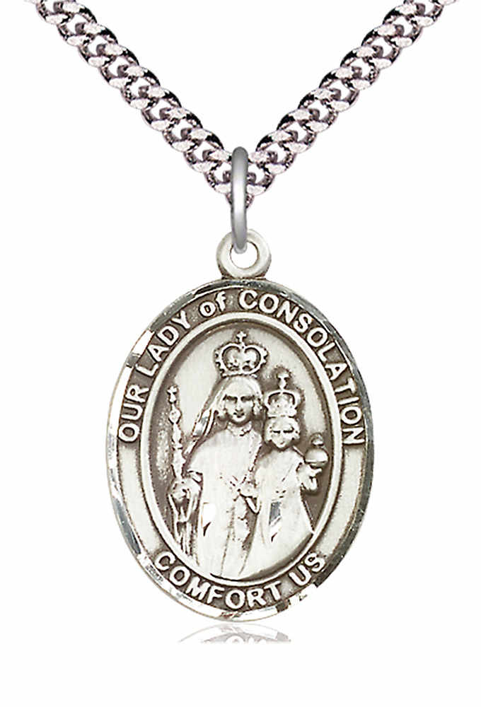 Men's Pewter Oval Our Lady of Consolation Medal - 24" 2.4mm Rhodium Plate Chain + Clasp