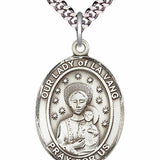 Men's Pewter Oval Our Lady of La Vang Medal - 24" 2.4mm Rhodium Plate Chain + Clasp