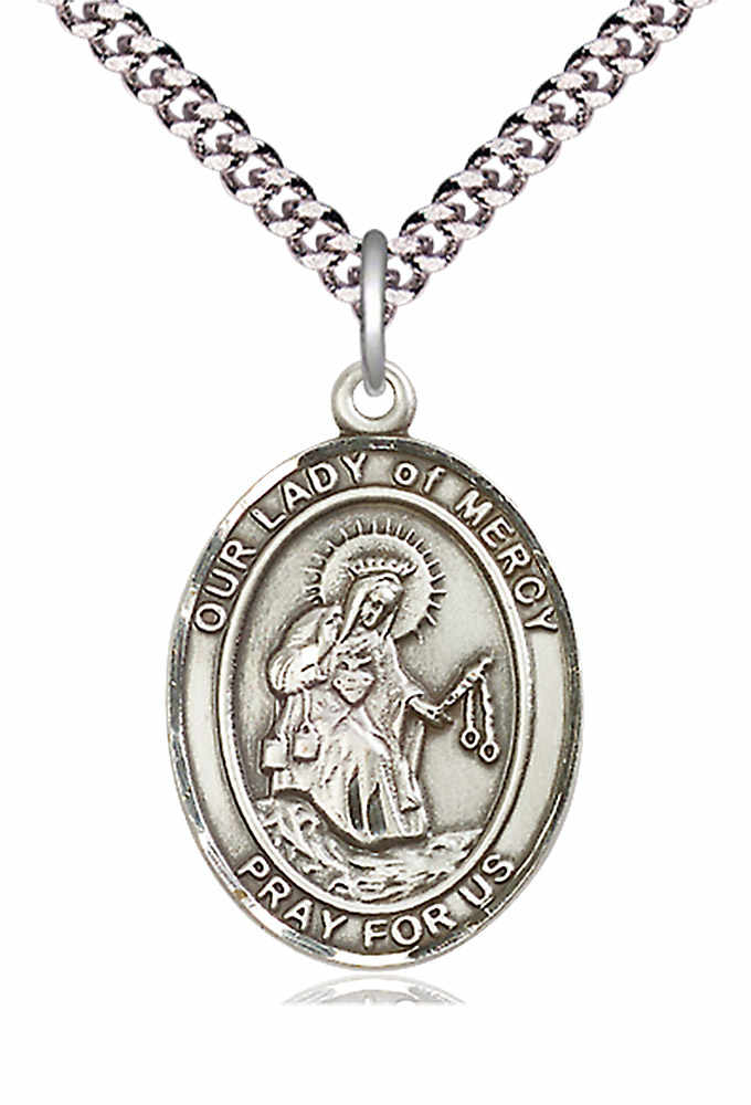 Men's Pewter Oval Our Lady of Mercy Medal - 24" 2.4mm Rhodium Plate Chain + Clasp