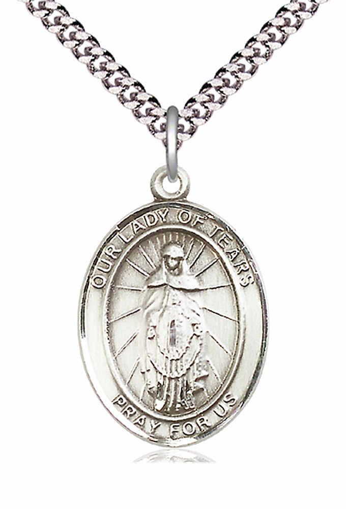 Men's Pewter Oval Our Lady of Tears Medal - 24" 2.4mm Rhodium Plate Chain + Clasp